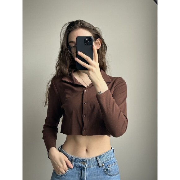 H&M Brown Cropped Button Down Top (Altered Cut) – Super Cute Layering Shirt Y2K - Picture 6 of 7